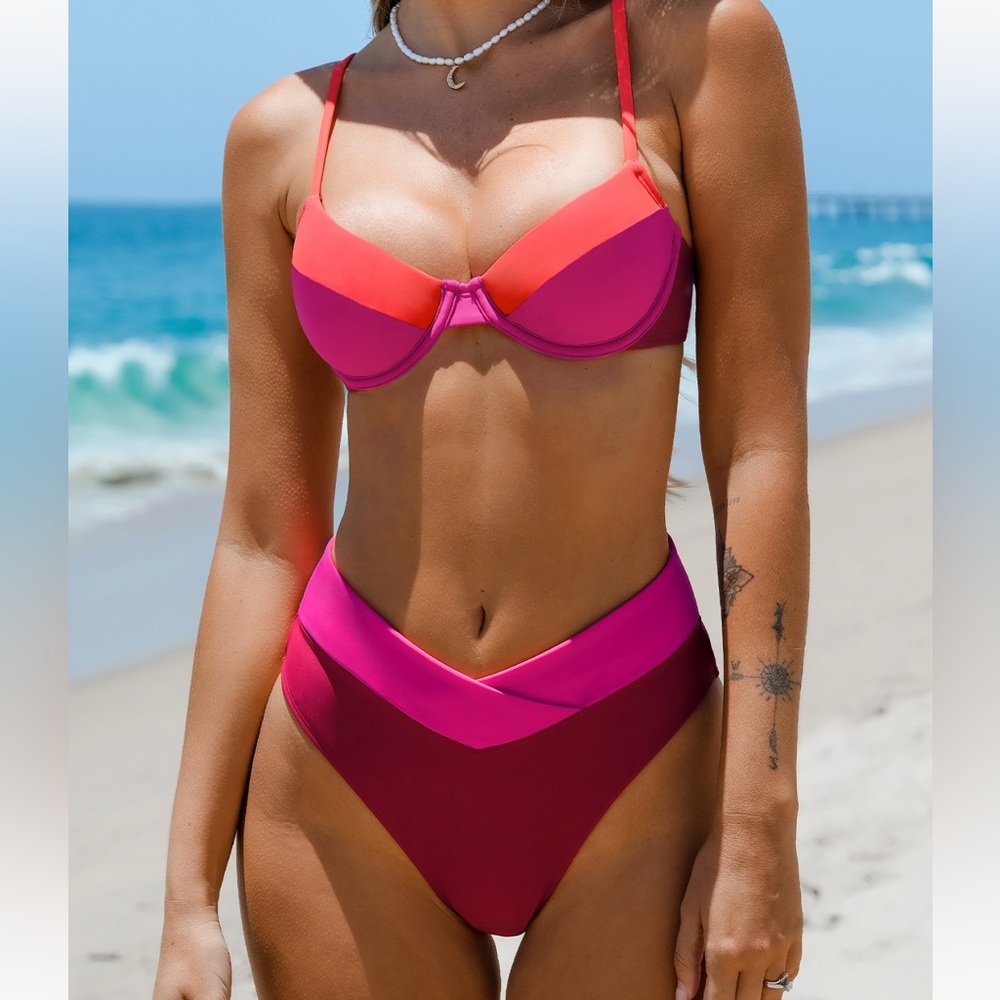 Cupshe Pink & Coral Colorblock High-Waist Bikini